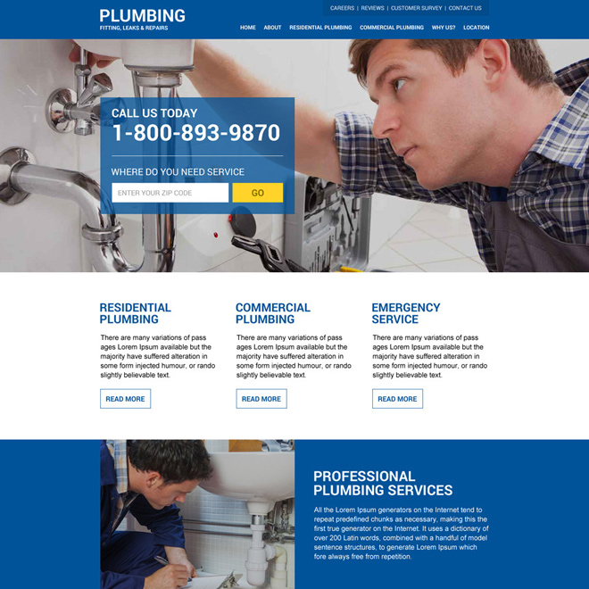 plumbing service responsive zip capturing website design