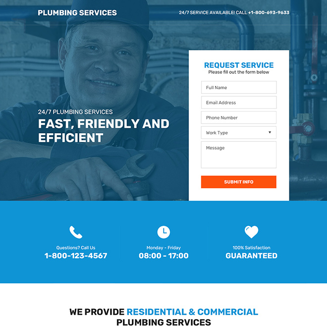 residential and commercial plumbing service responsive landing page Plumbing example