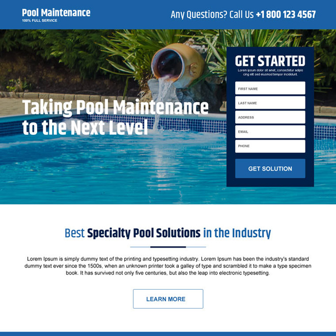 pool cleaning service responsive lead gen landing page design Cleaning Services example