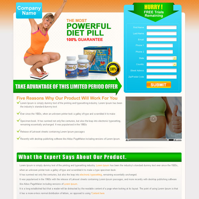 powerful weight loss diet pill lead capture landing page design for sale