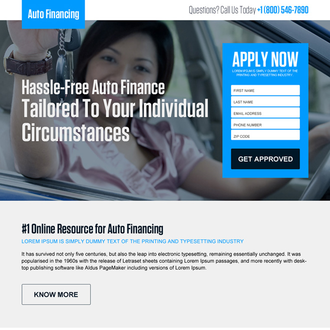 approve hassle free auto finance responsive landing page design Auto Financing example