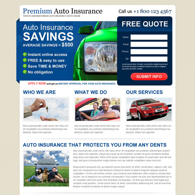 premium auto insurance service converting lead gen landing page design Auto Insurance example