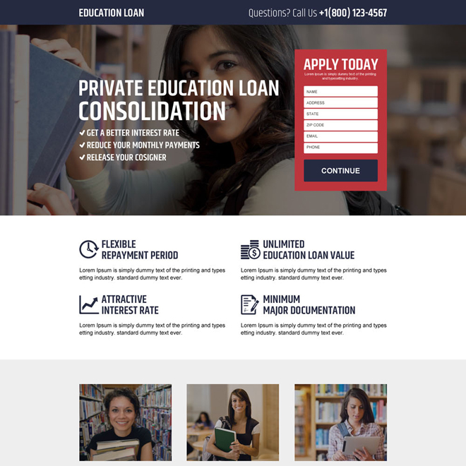 responsive private education loan landing page design