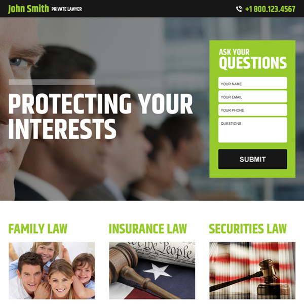 private lawyer lead gen best responsive landing page design Attorney and Law example