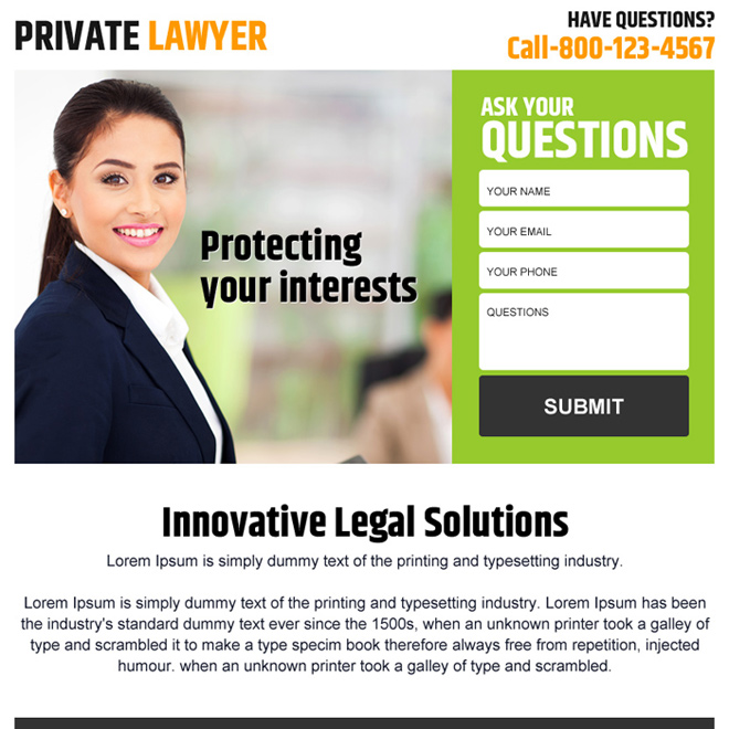 private lawyer lead generating ppv landing page design Attorney and Law example