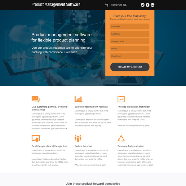 product management software free trial responsive landing page