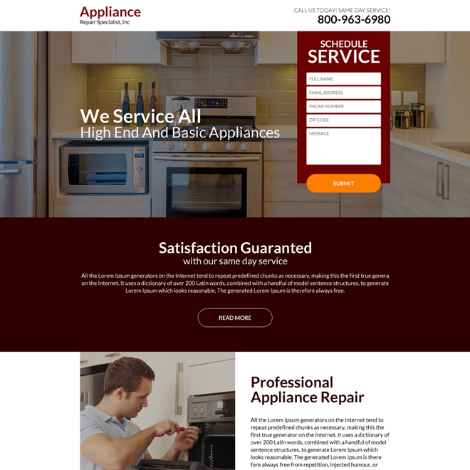 professional appliance repair responsive landing page design