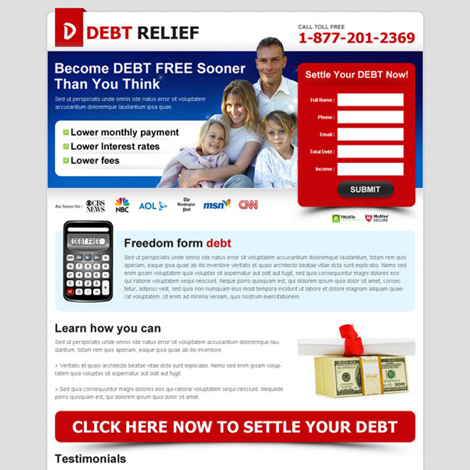 become debt free sooner most effective attractive and converting lead gen debt landing page