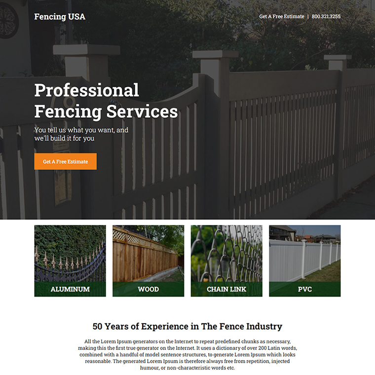 professional fencing service free estimate landing page Fencing example