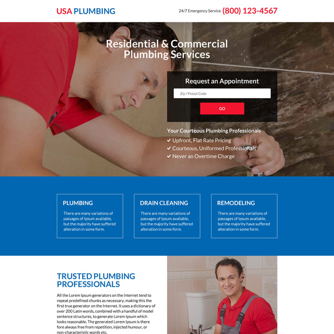 responsive residential and commercial plumbing service landing page Plumbing example