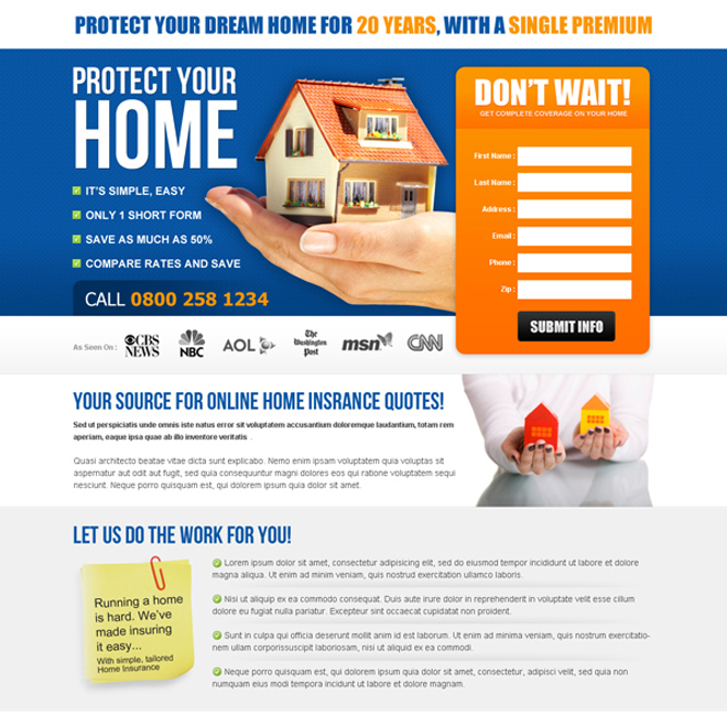 highest converting online home insurance quotes effective lead capture squeeze page design Home Insurance example