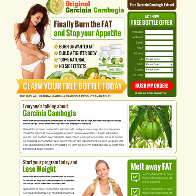 pure garcinia cambogia extract to lose your weight product selling lead capture landing page design template Weight Loss example