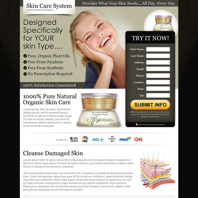 pure natural organic skin care product landing page to boost your traffic and sale of your skin care product Skin Care example