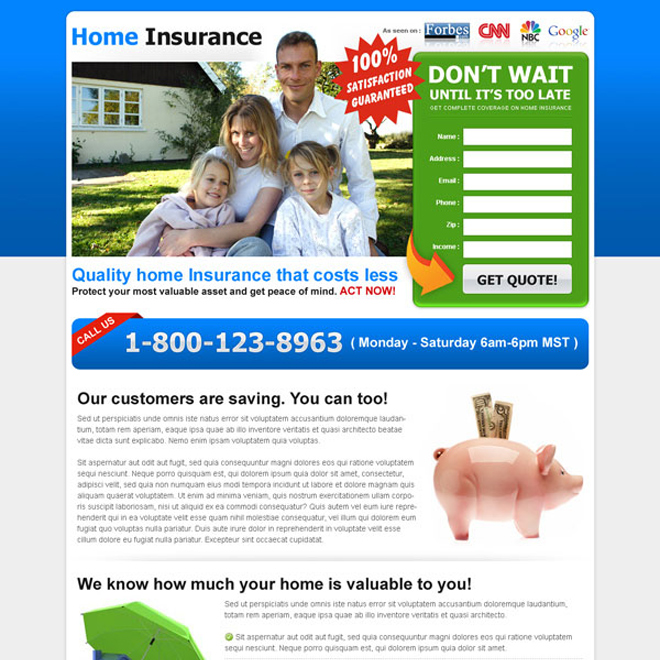 quality home insurance lead generating landing page to increase your conversion rate