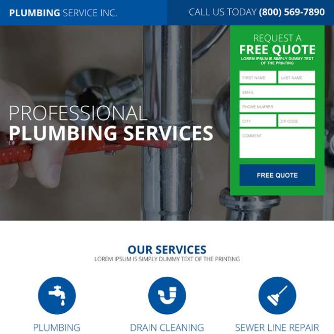 quality plumbing service lead magnet responsive landing page