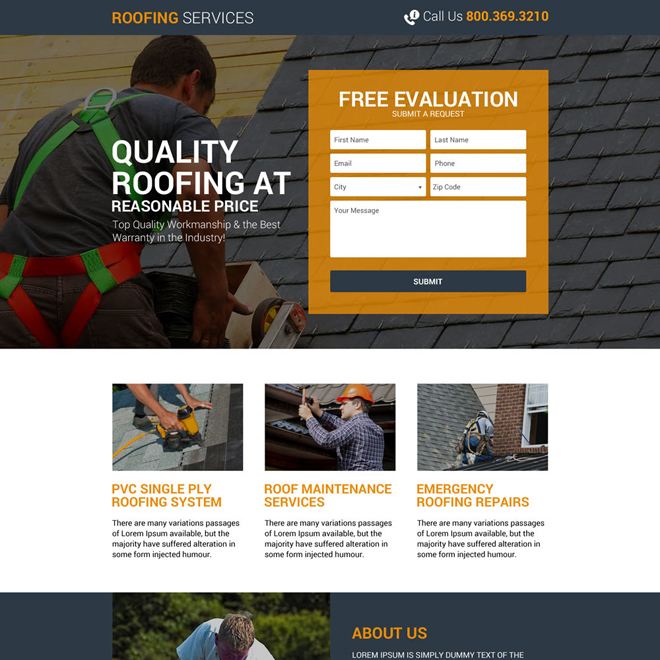 quality roofing services responsive landing page Roofing example