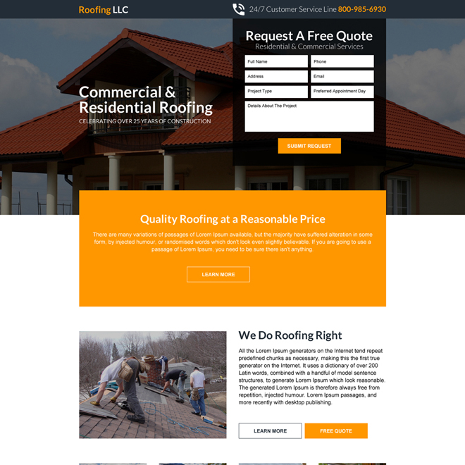 quality roofing service responsive landing page Roofing example