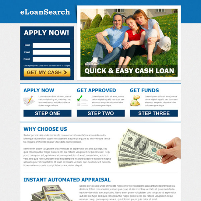 e-loan search clean lead capture landing page template design to increase your conversion Loan example