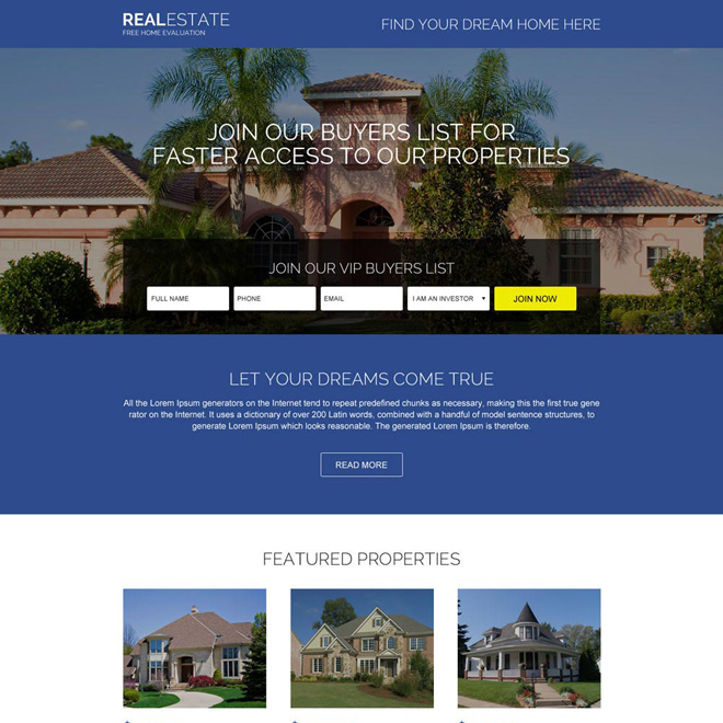 real estate free evaluation responsive landing page Real Estate example