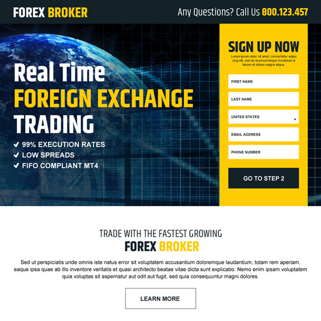 real time forex trading sign up lead capture landing page design Forex Trading example