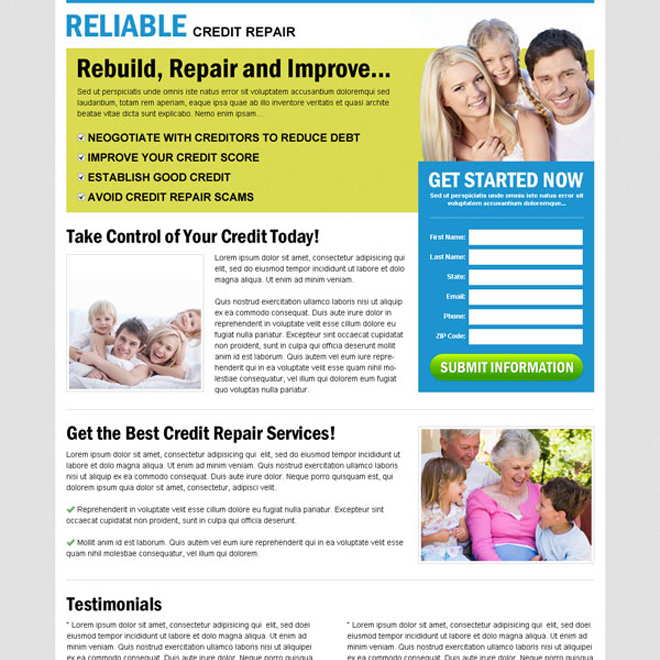 rebuild repair and improve your credit repair with our effective and converting credit repair lead capture lander design