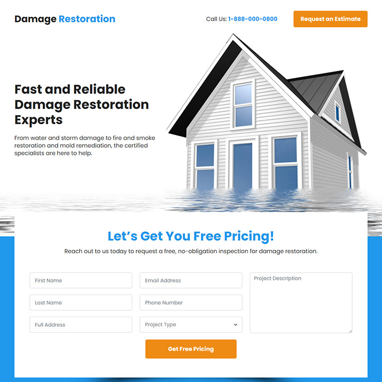 reliable damage restoration experts responsive landing page Damage Restoration example