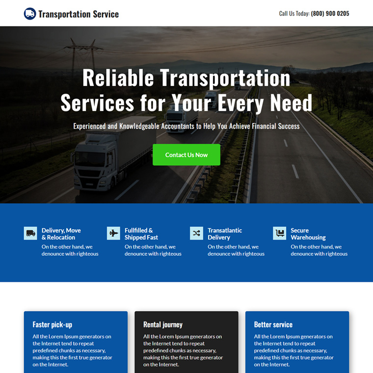 reliable transportation service lead capture responsive landing page Transportation example