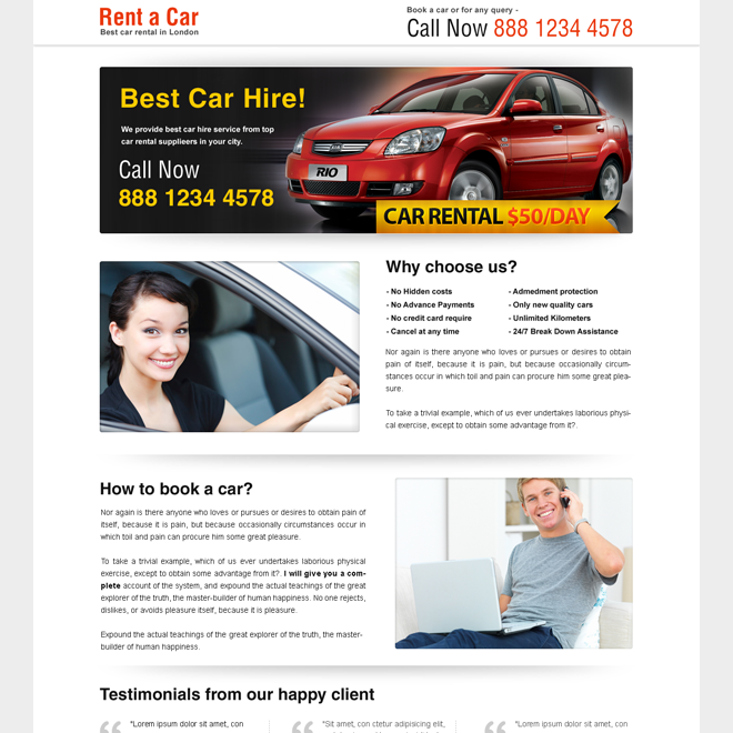 rent a car call to action lander design