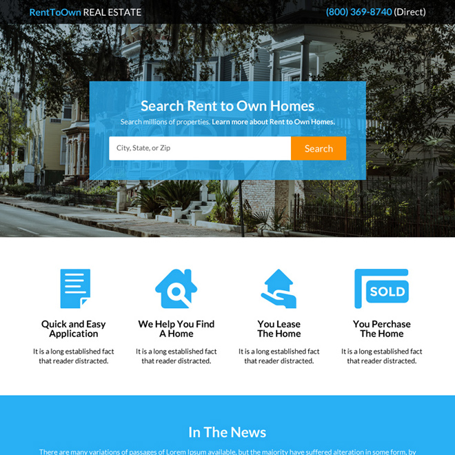 rent to own real estate search responsive landing page Real Estate example