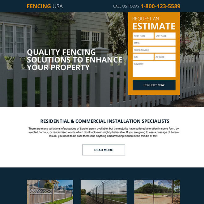 residential and commercial fencing service responsive landing page design Fencing example