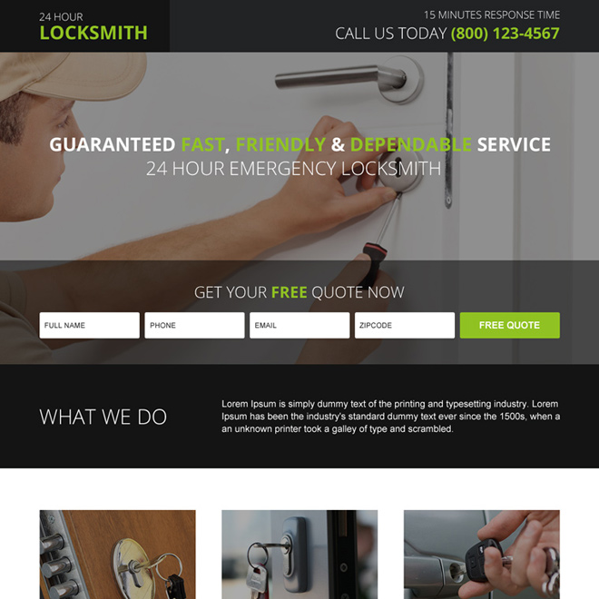 residential locksmith free quote responsive landing page design Locksmith example