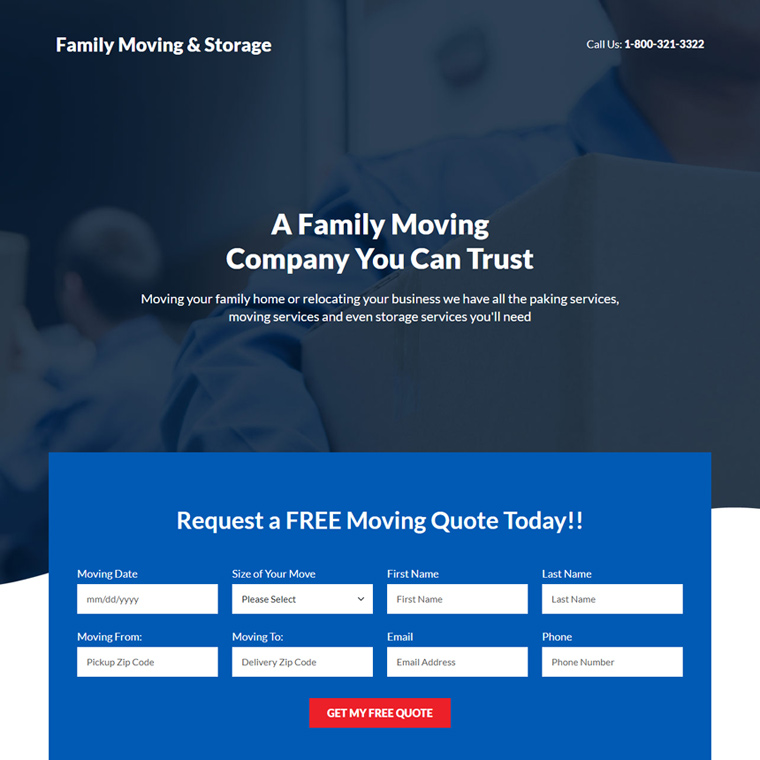 family moving and storage lead capture landing page Transportation example