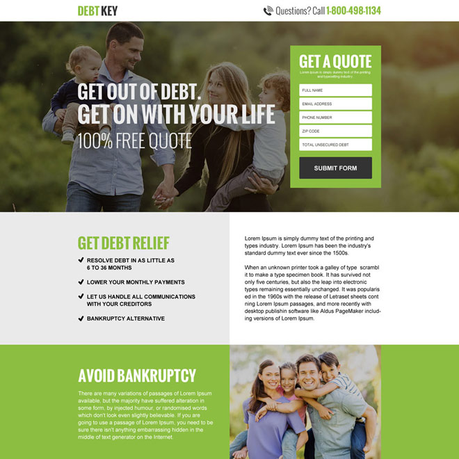 responsive debt key free quote lead capturing landing page Debt example