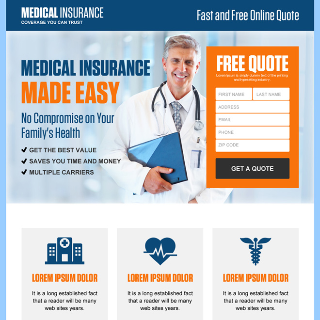 minimal health insurance quote capturing responsive landing page Health Insurance example