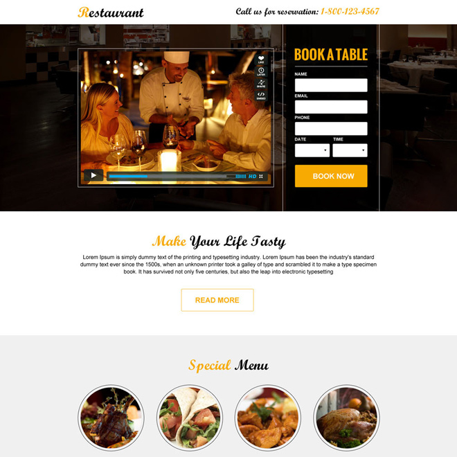 responsive restaurant booking landing page design Hotel And Restaurant example