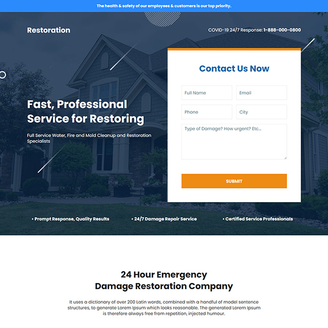 emergency damage restoration company responsive landing page design Damage Restoration example