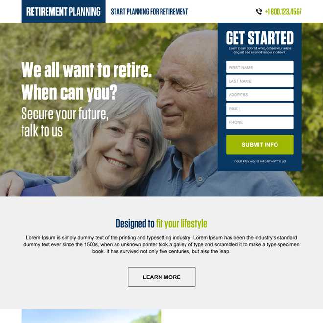 retirement planning responsive landing page design Retirement Planning example