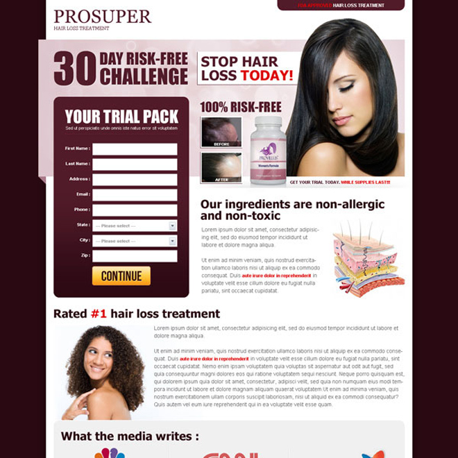 hair loss treatment risk free challenge lead capture landing page Hair Loss example