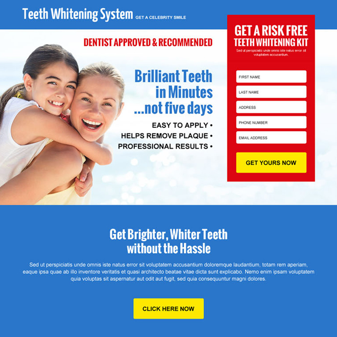 risk free teeth whitening kit leads responsive landing page design Teeth Whitening example