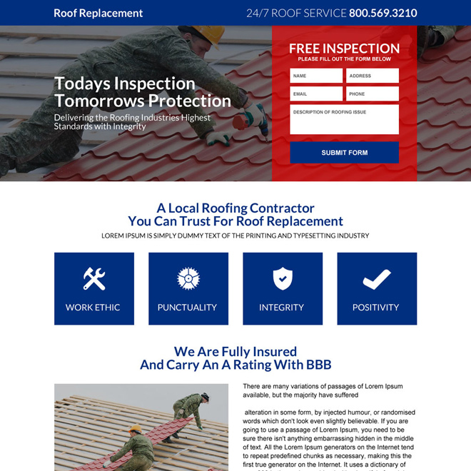 roof replacement free inspection responsive landing page design