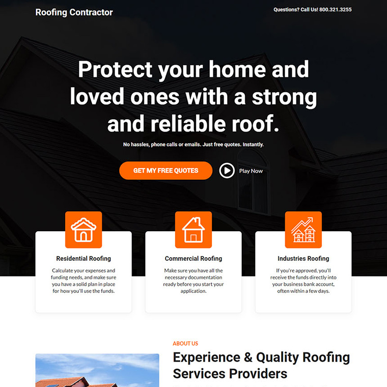 superior roofing contractor responsive landing page Roofing example
