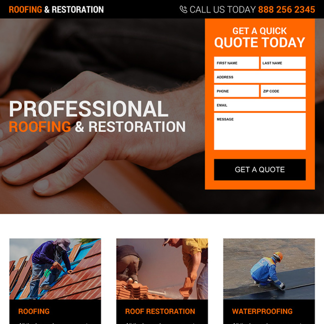 roofing and restoration services responsive landing page design