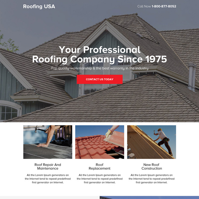 responsive roofing company clean landing page design