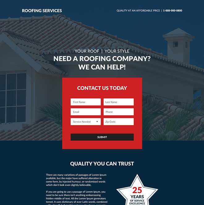 roofing company lead generating responsive landing page Roofing example