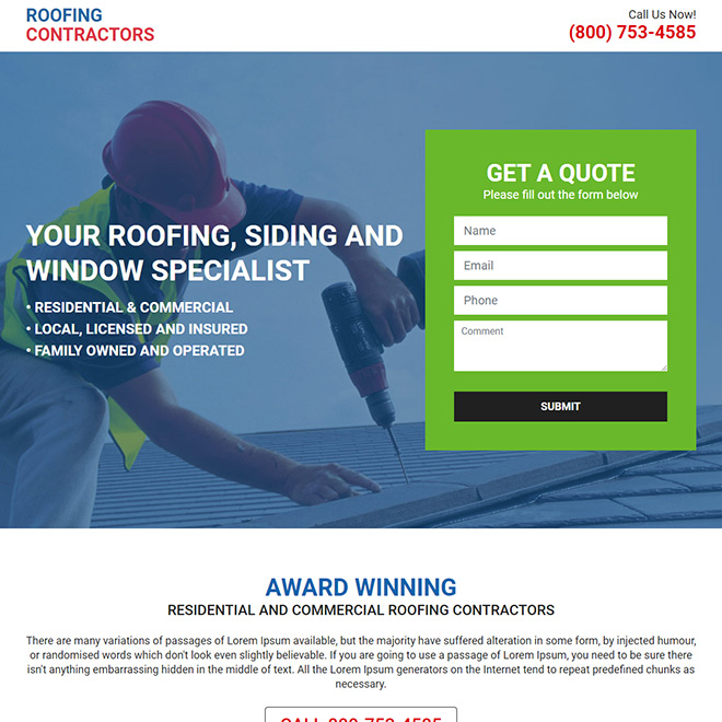 residential and commercial roofing contractor landing page Roofing example