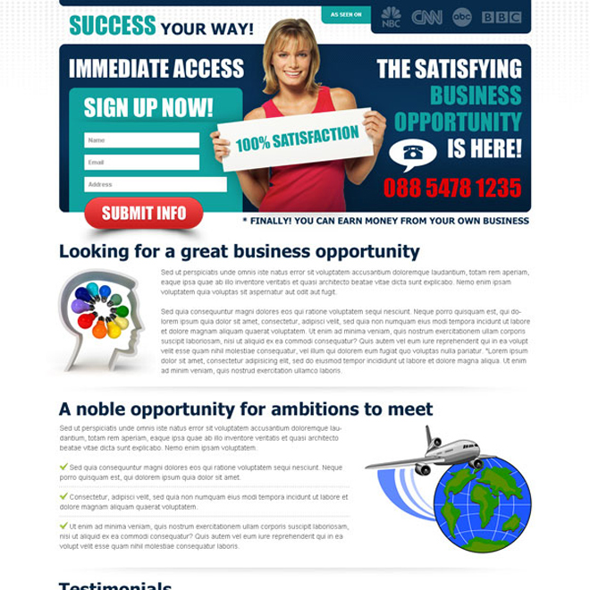 satisfying business opportunity sign up now converting lead capture squeeze page design