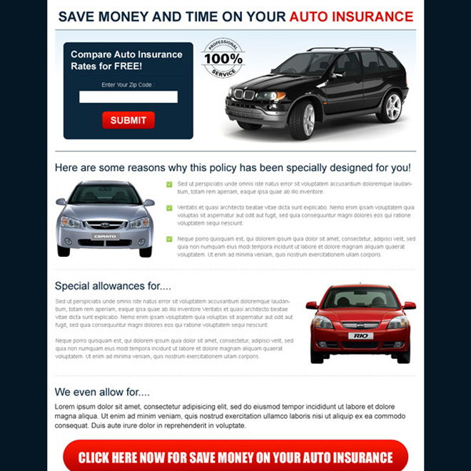 save money and time on your auto insurance zip capture landing page Auto Insurance example