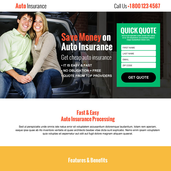 save money on auto insurance responsive landing page design template