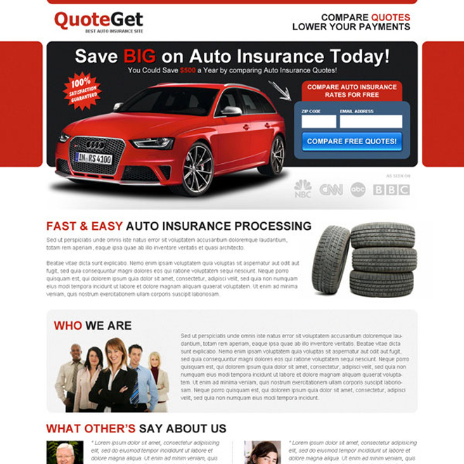 save big money on auto insurance today zip capture landing page design Auto Insurance example