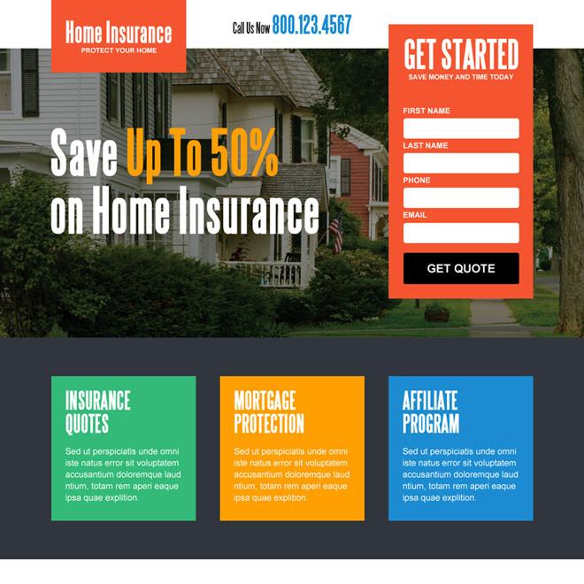 save money on home insurance lead generating responsive squeeze page design Home Insurance example